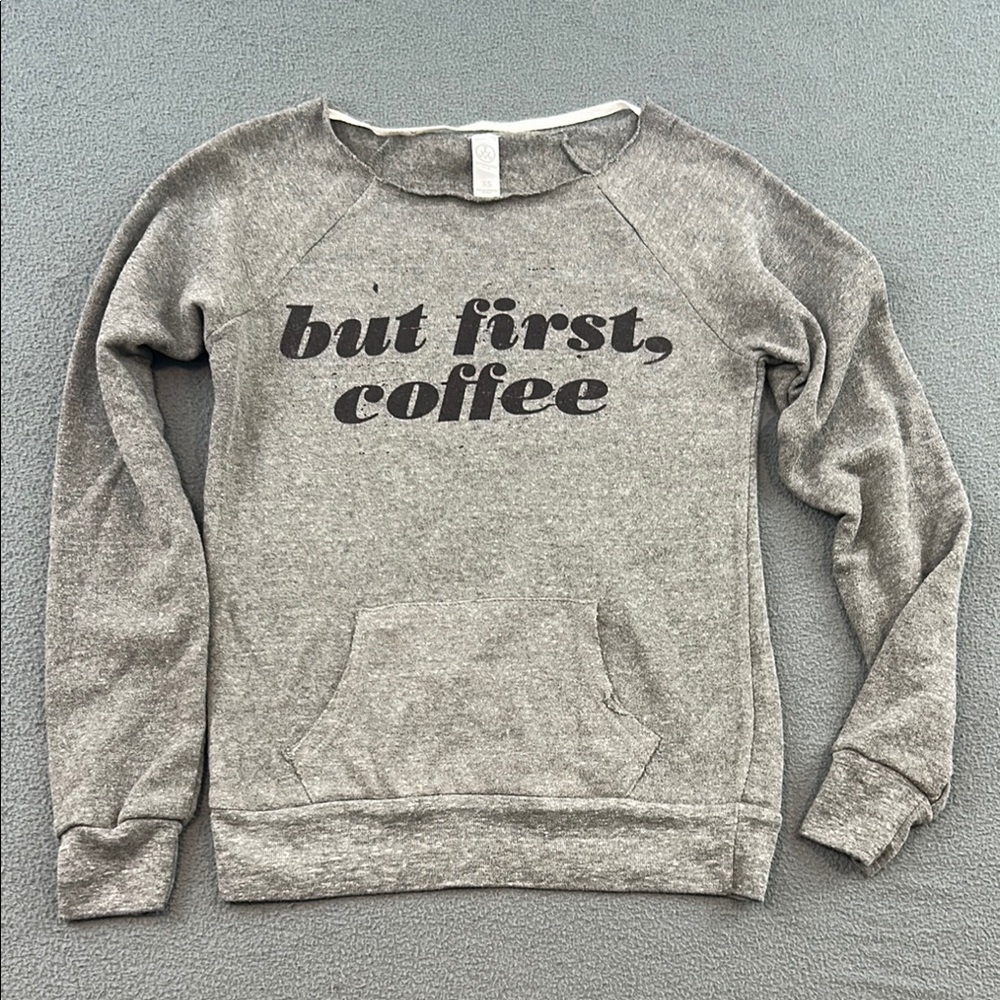 Gray Off-the-Shoulder “But First, Coffee” Sweater | Women’s XS